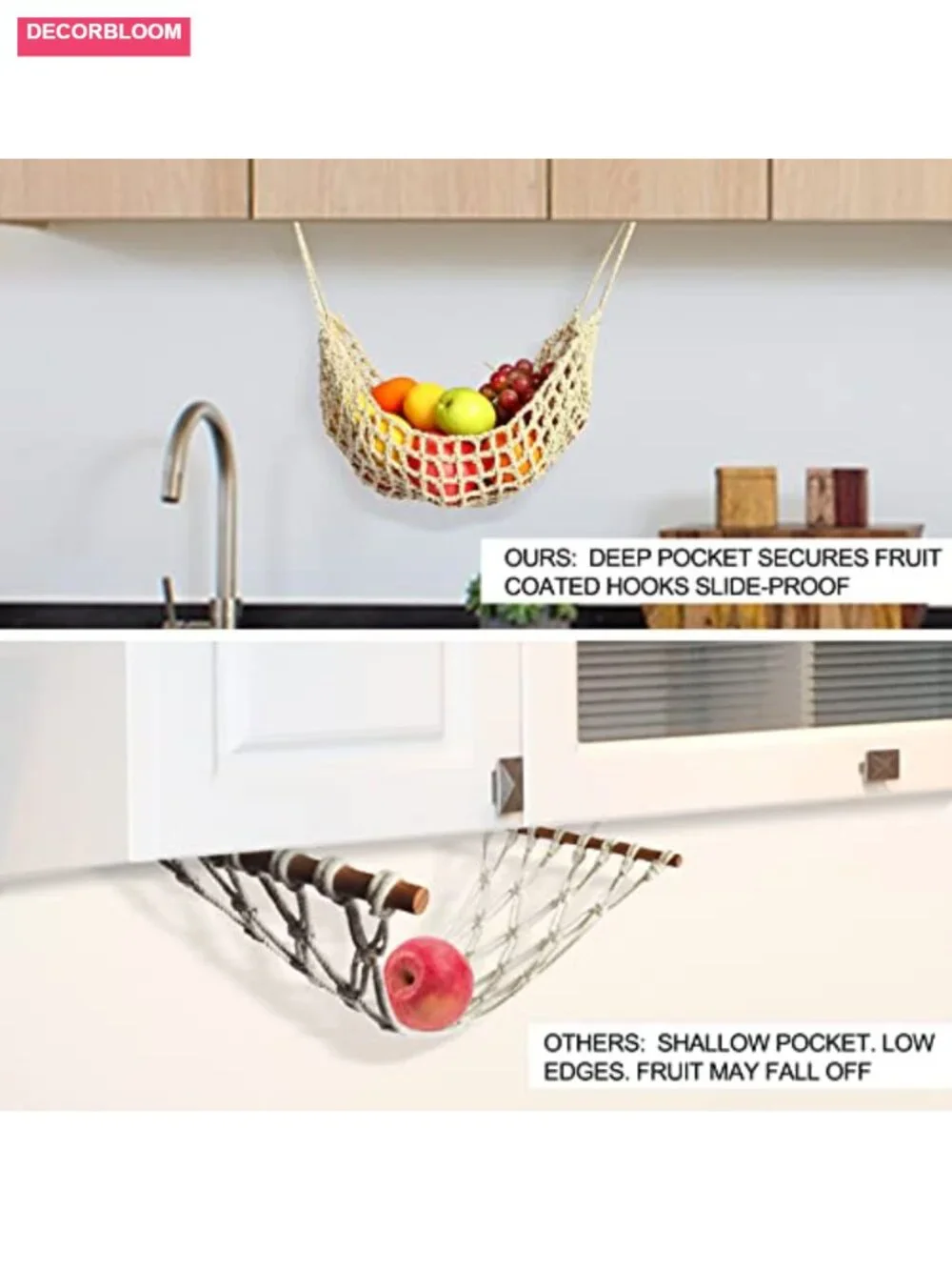 Large Macrame Fruit Hammock for Kitchen Under Cabinet Storage with 4 Hooks